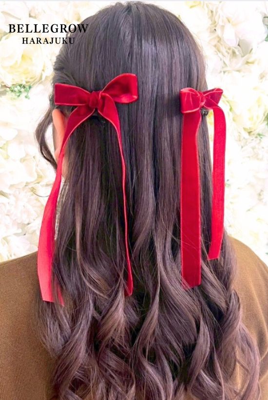 クリスマス赤リボンハーフアップ