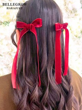 クリスマス赤リボンハーフアップ