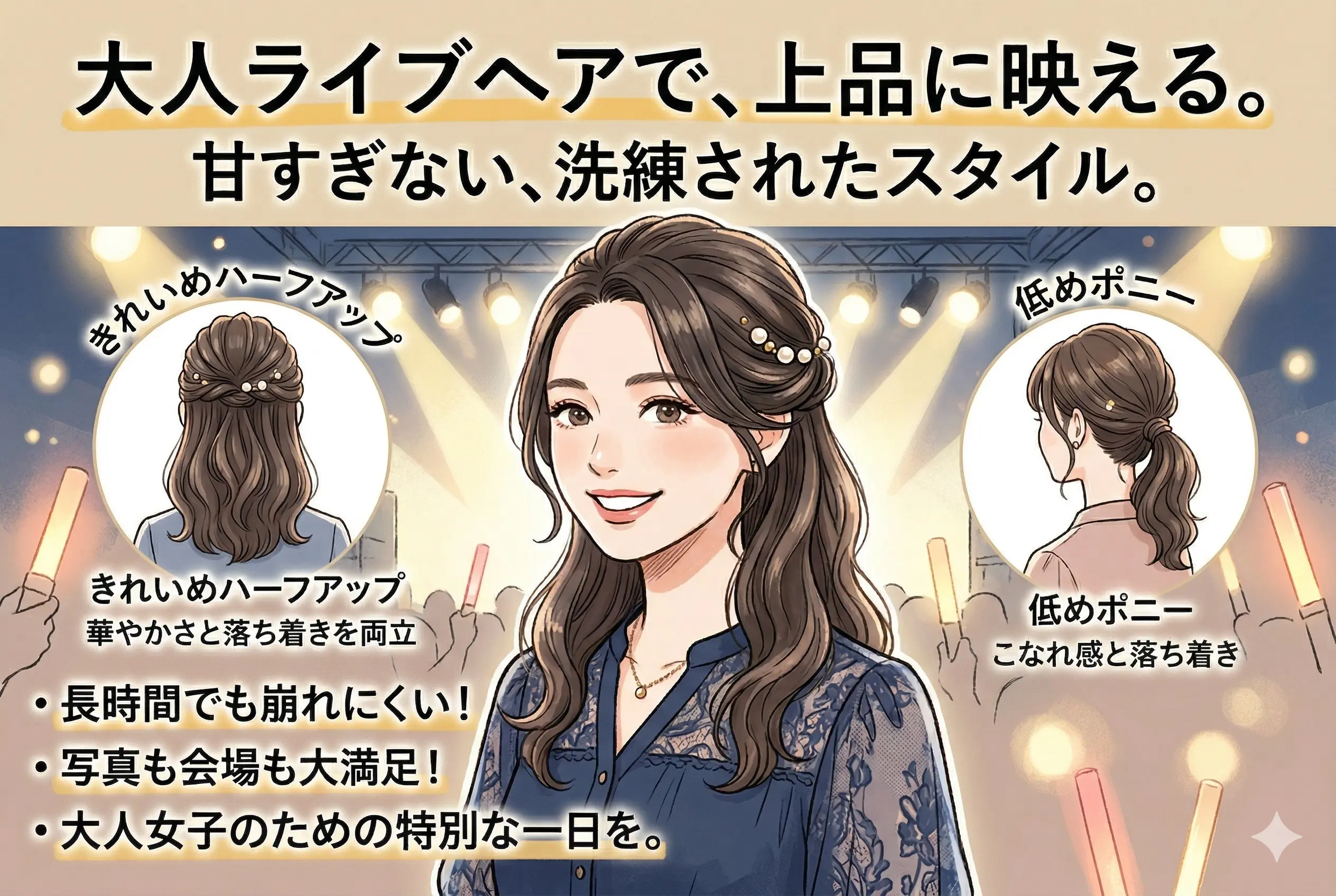 ライブヘアセットの大人向け完全ガイド|甘すぎないのに華やか、会場で映える上品アレンジの選び方