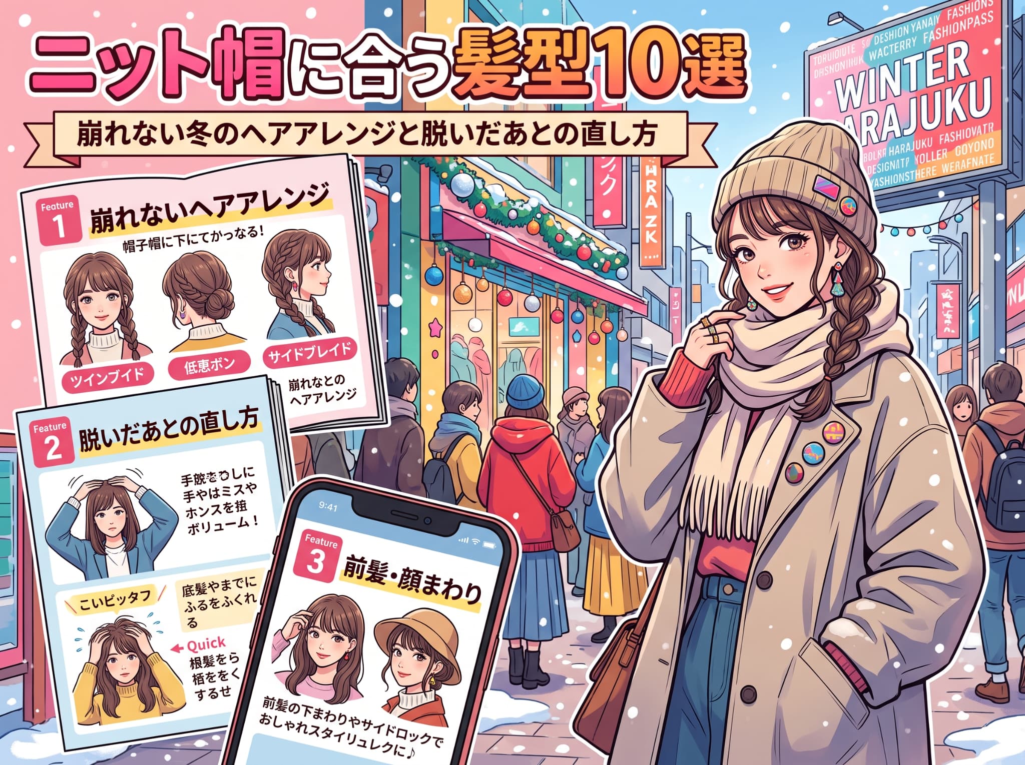 ニット帽に合う髪型10選｜崩れない冬のヘアアレンジと脱いだあとの直し方