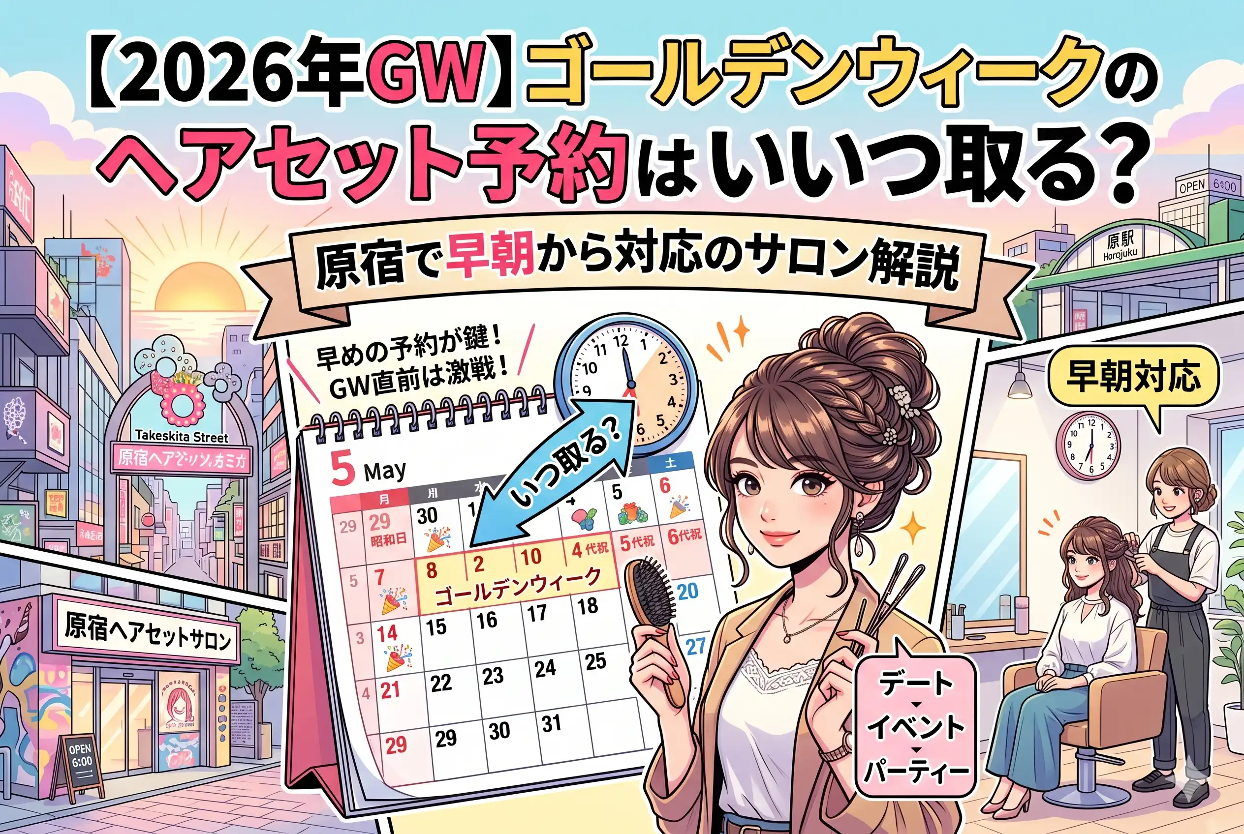 【2026年GW】ゴールデンウィークのヘアセット予約はいつ取る?原宿で早朝から対応のサロン解説