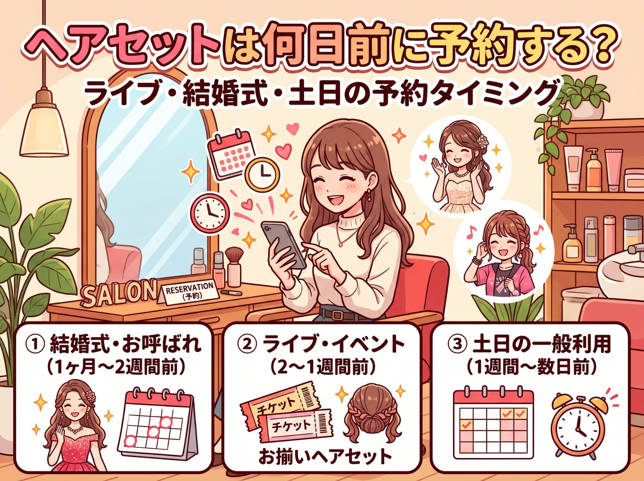 ヘアセットは何日前に予約する？ライブ・結婚式・土日の予約タイミング