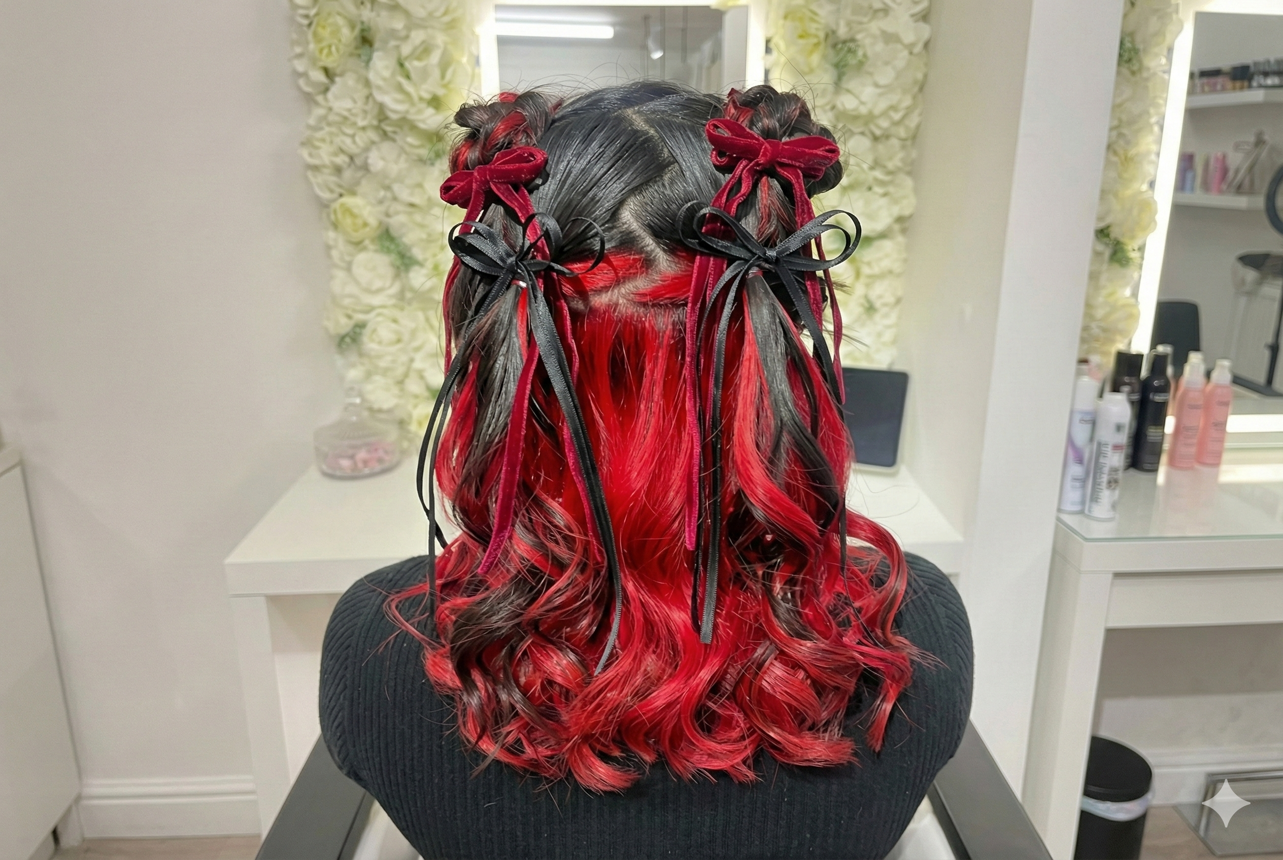 赤×黒コントラストが可愛い。カラー見せツインお団子ヘアセット