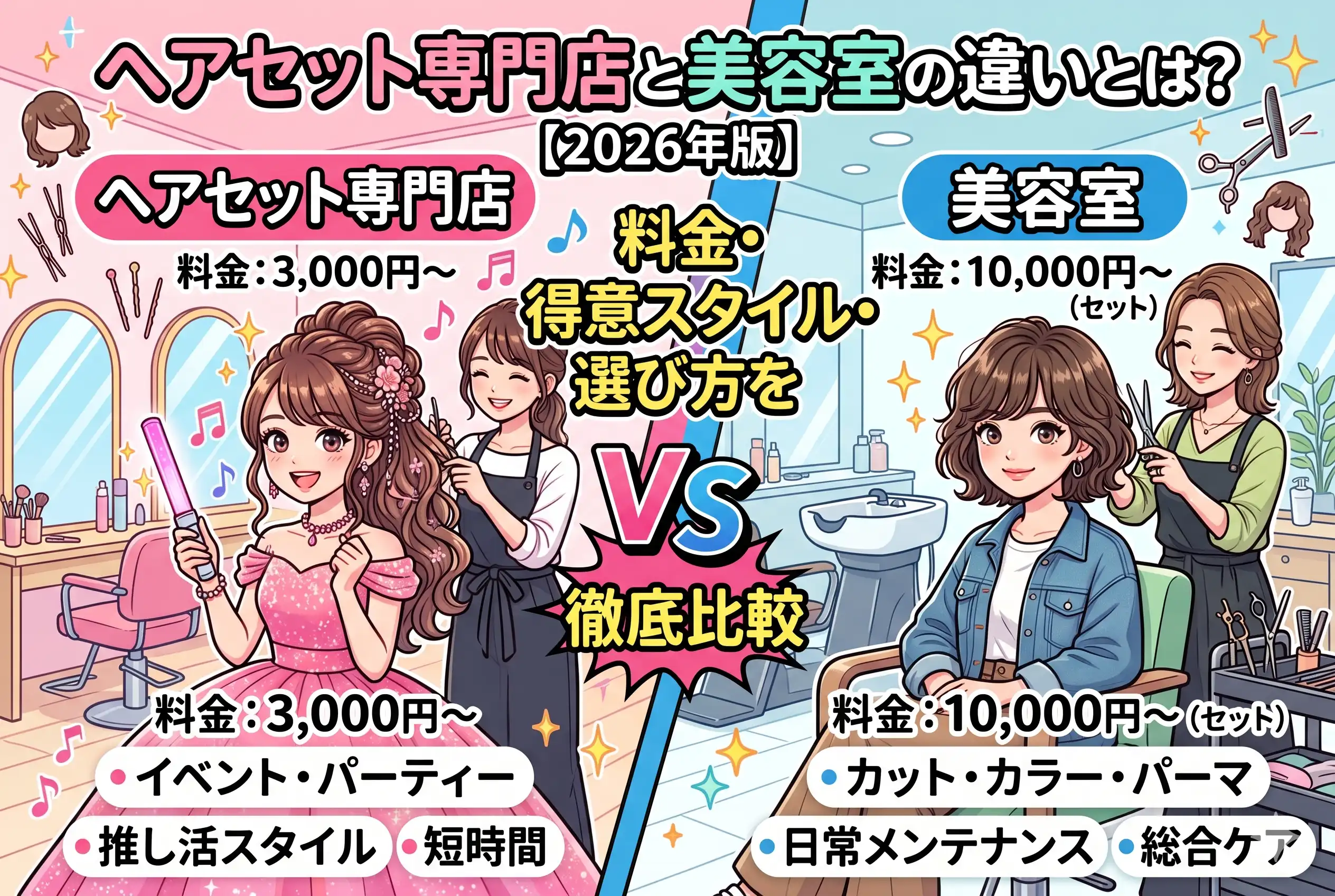 ヘアセット専門店と美容室の違いとは?料金・得意スタイル・選び方を徹底比較【2026年版】