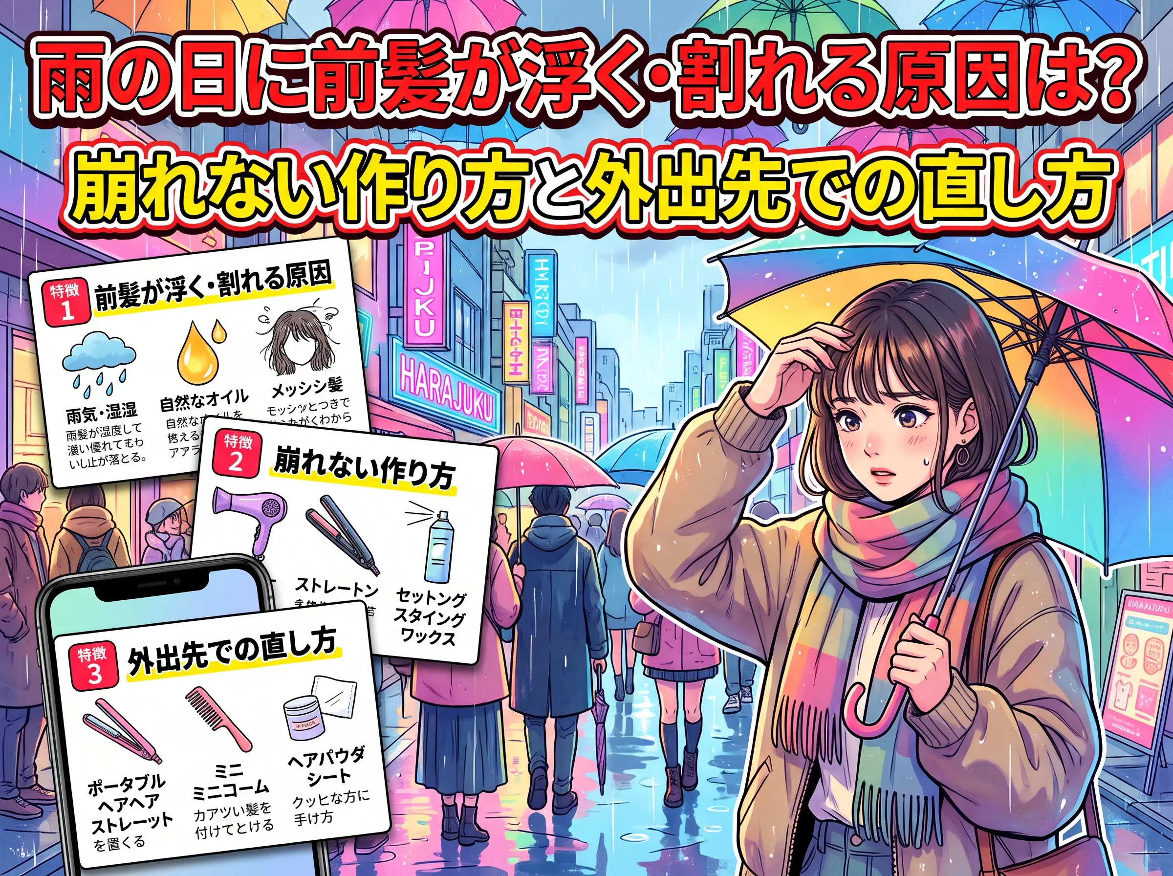 雨の日に前髪が浮く・割れる原因は?崩れない作り方と外出先での直し方